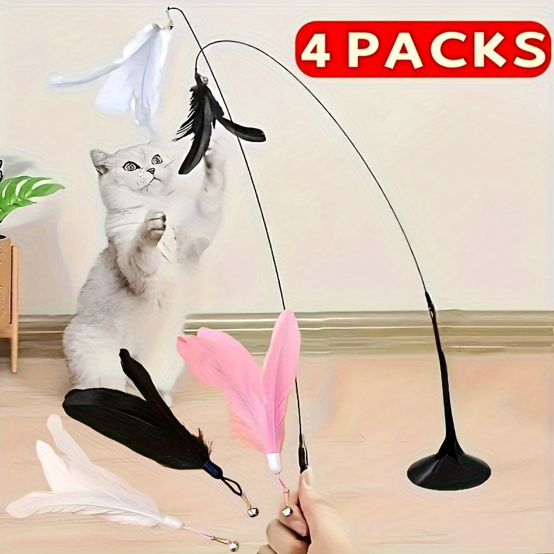 E-shop 4-tlg. Katzenfeder-Verführungsspielzeug mit Glöckchen, inklusive 1 Katzenspielangel, 3 verschiedene farbige künstliche Feder-Stab-Ersatzköpfe,