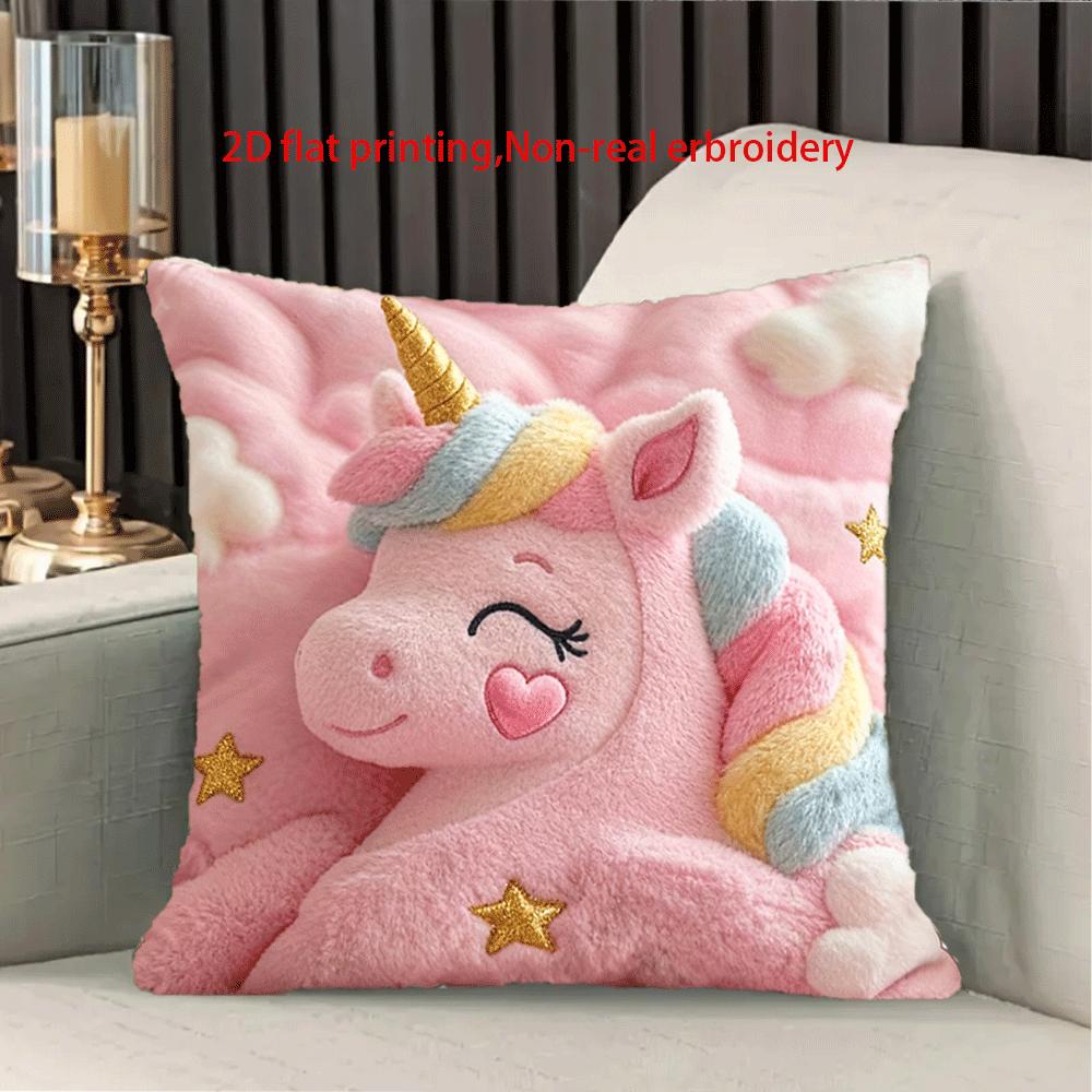 Image of 1pc Rainbow Tail And Star Cute Unicorn Pink Printed Pillowcase, Single-sided Print, Machine Washable Short Plush, Zipper Closure, Perfect For Living Room, Sofa, Or Bedroom Decor, Bedroom Accessory