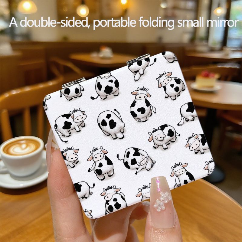 TEMU Compact Mirror With Cow Pattern - A Double-sided Makeup Mirror, Travel, Adorable Cartoon Style, Handy Cosmetic Mirror For Your Bag, Mini Vanity