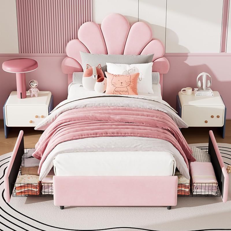 Twin Size Bed Frame for Bedroom - Platform Bed with Headboard, 2 Storage Drawers, Slat Support, No Box Spring Needed, Easy Assembly(Bed Frame Only)