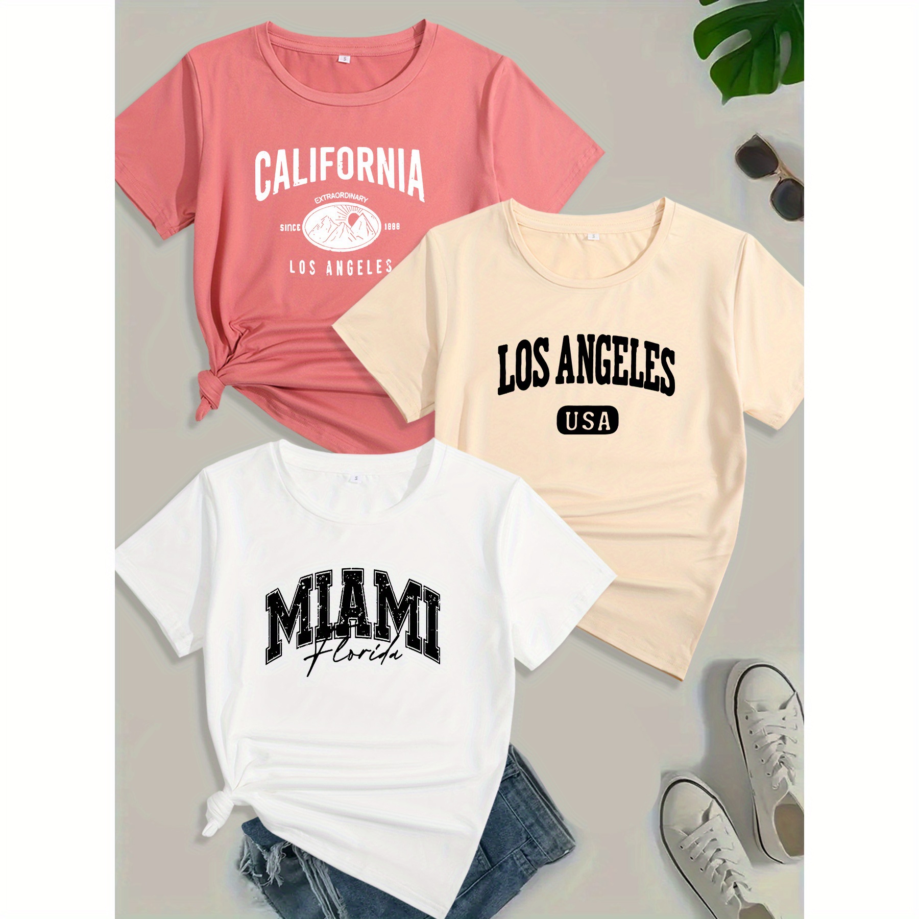 

3pcs Women's City Name Print T-shirts - Short Sleeve, Crew Neck, Casual Summer Tops In Pink, , And White - California, Los Angeles, Miami Florida Graphics