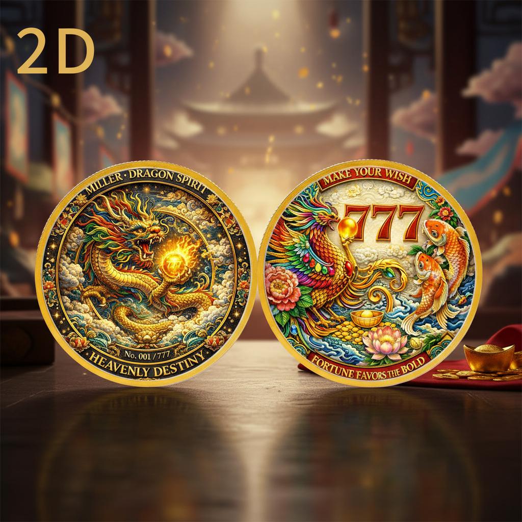 TEMU Pièce 2D | Pièce Commémorative de Dragon et | Numéro 777 | Koï | de Style Chinois | Cadeau Créatif | Emballage en Boîte en Plastique, Convient