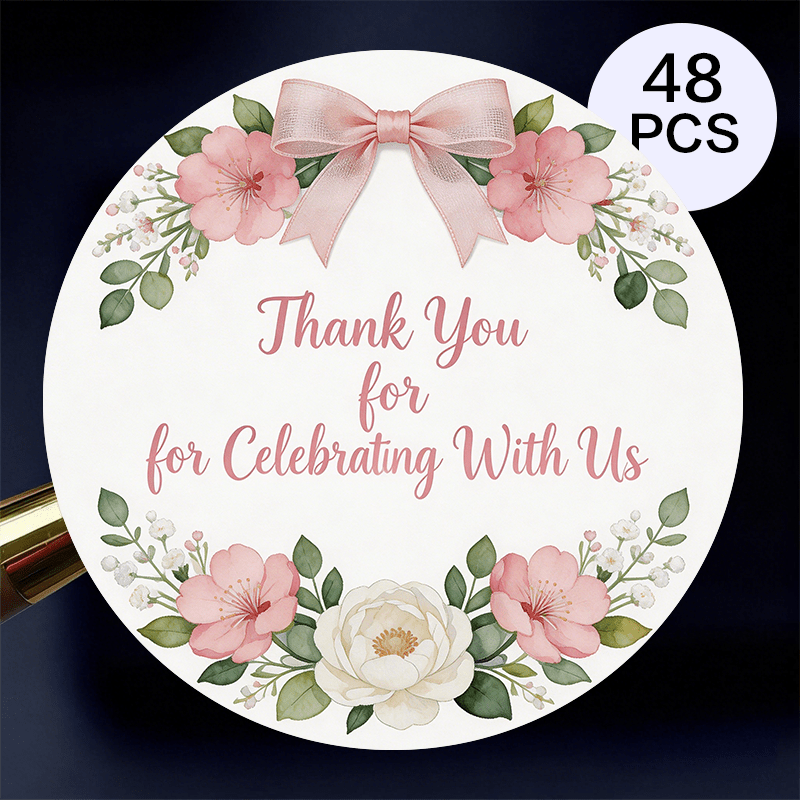 TEMU 48pcs Round "thank You For Celebrating With Us" Stickers, Watercolor Pink Floral And Bow Labels, Self-adhesive Seals For Wedding Favors, Party