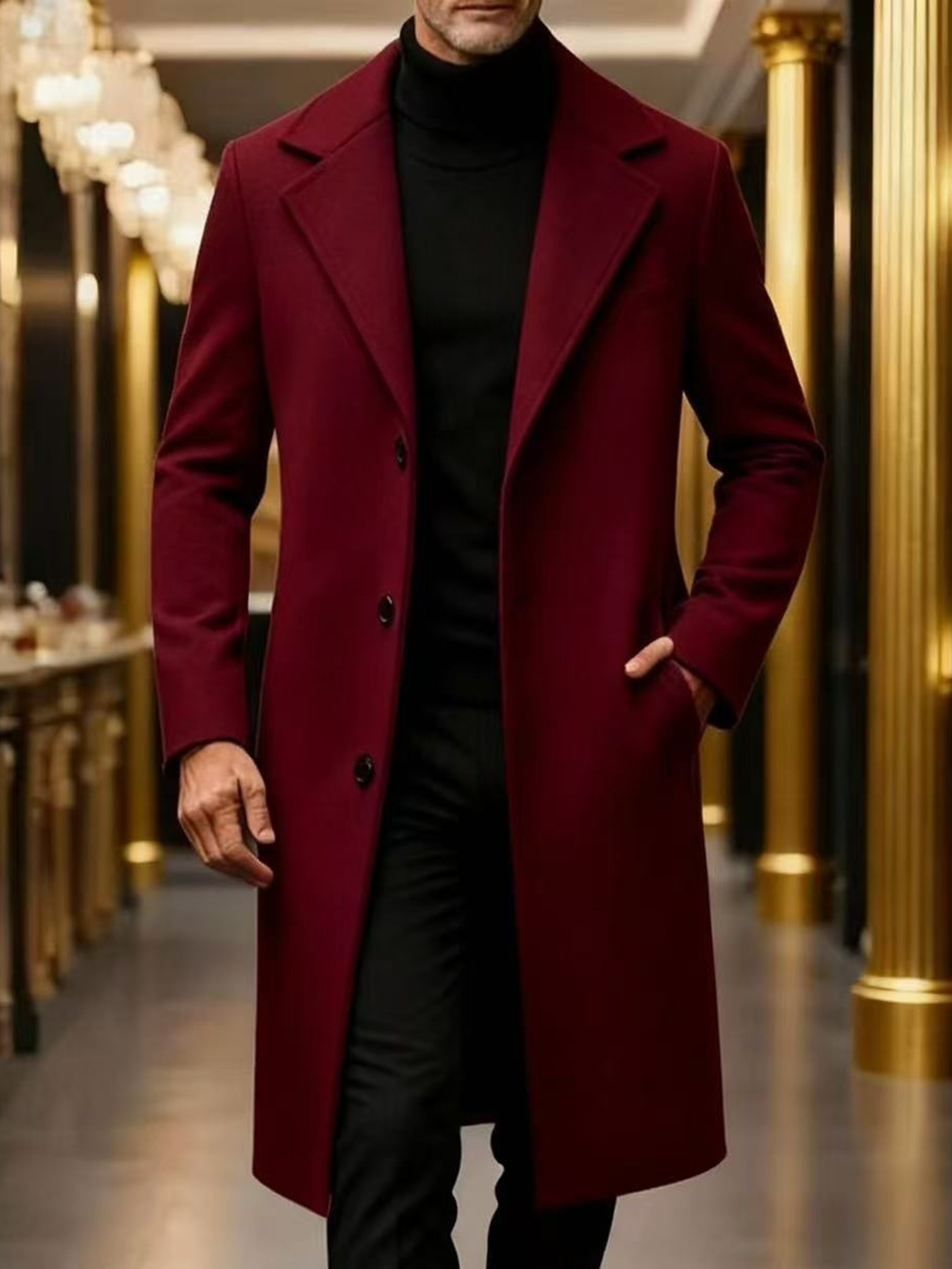 Men's Business Autumn/Winter American Style New Long Tweed Coat, Commuter Daily Versatile Single-Breasted High-End Solid Color Trench Coat
