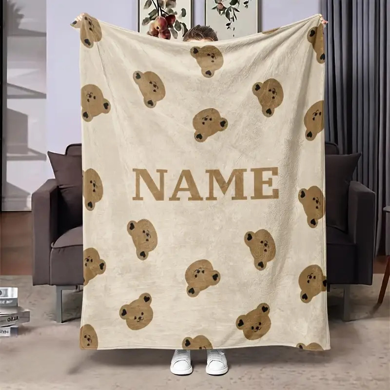TEMU Personalized Bear Enthusiasts' Blankets! Customizable With A Name, Featuring A Full Print Of Adorable Bear Faces That Are So Comforting. Made Of