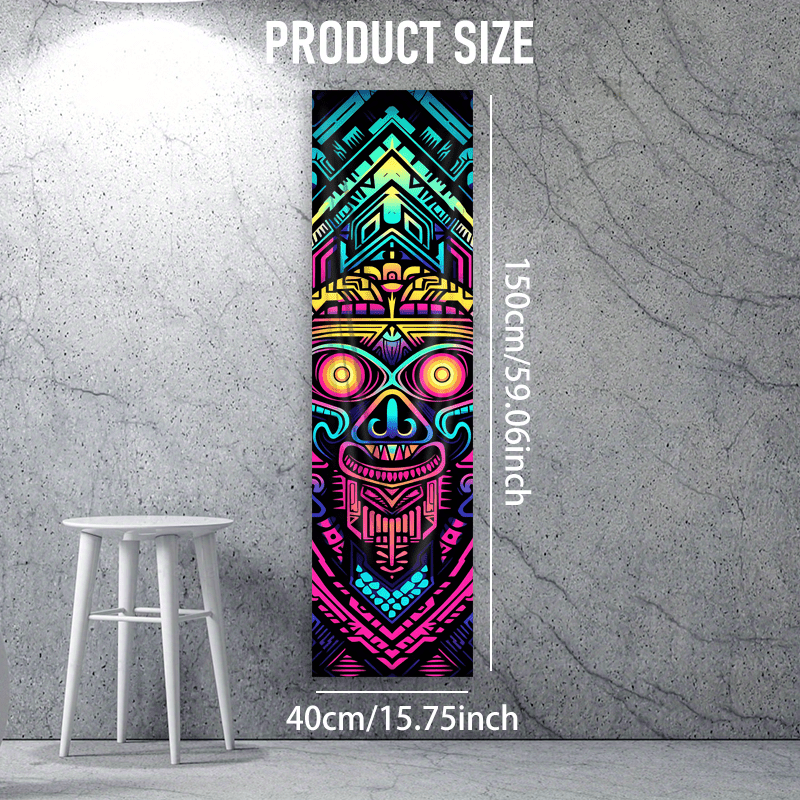 Image of Vibrant Geometric Tapestry Featuring A Neon Tribal Mask, Perfect For A Bedroom. This -the-dark Wall Hanging Showcases Colorful Line Art And Is Uv Reactive