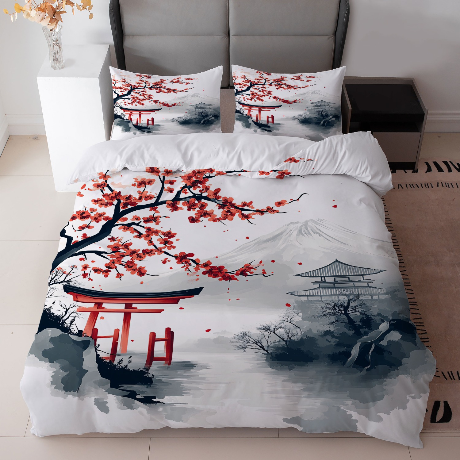 TEMU 3 pezzi di Biancheria da Letto Stile Giapponese - Stampa Sakura e + Copripiumino + 2 Federe, Senza Imbottitura - per la Decorazione della Camera
