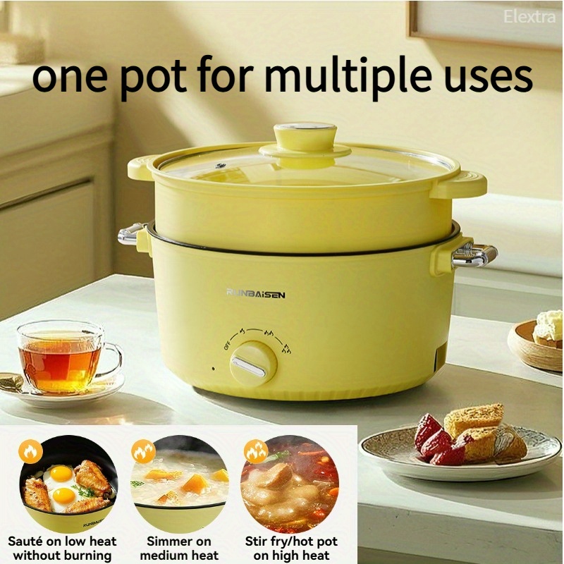 1 yellow single/double layer split multifunctional electric cooker: top steam and bottom boil +   & stew, pp heat-resistant material & european plug,   for dorm/camping/office,     pot with glass lid - rice steamer - dorm electric frying pan - electric hot pot - steamer - multi-use in one -  -button operation -   electric wok, multifunctional household dorm   electric pot for cooking 0