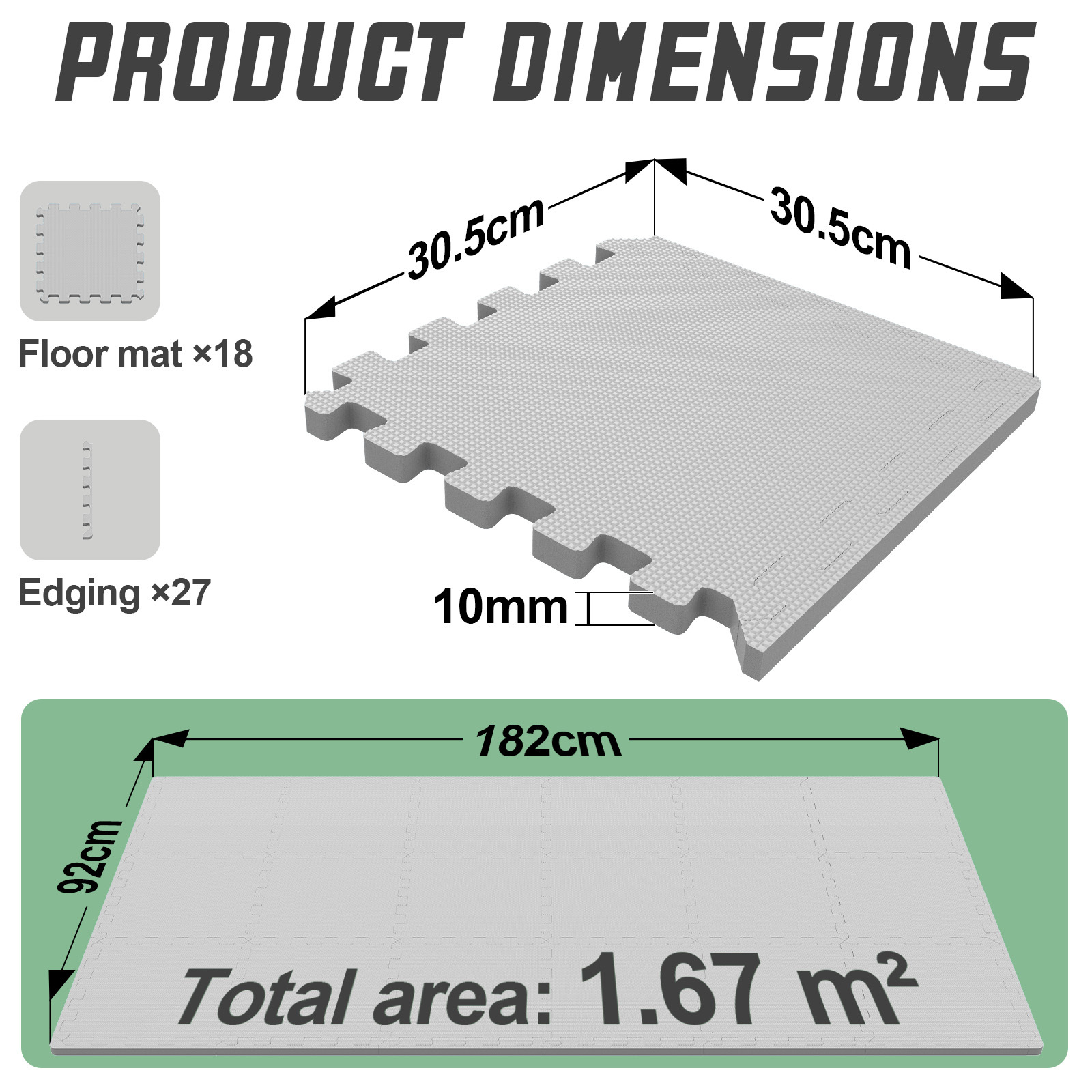 za   18 kom eva puzzle podloga set, 31,5x31,5cm, 10mm debljine, s 27 odgovarajućih zaštitnih traka, protuklizna podloga za zaštitu   za kućni fitness, jogu i gimnastiku