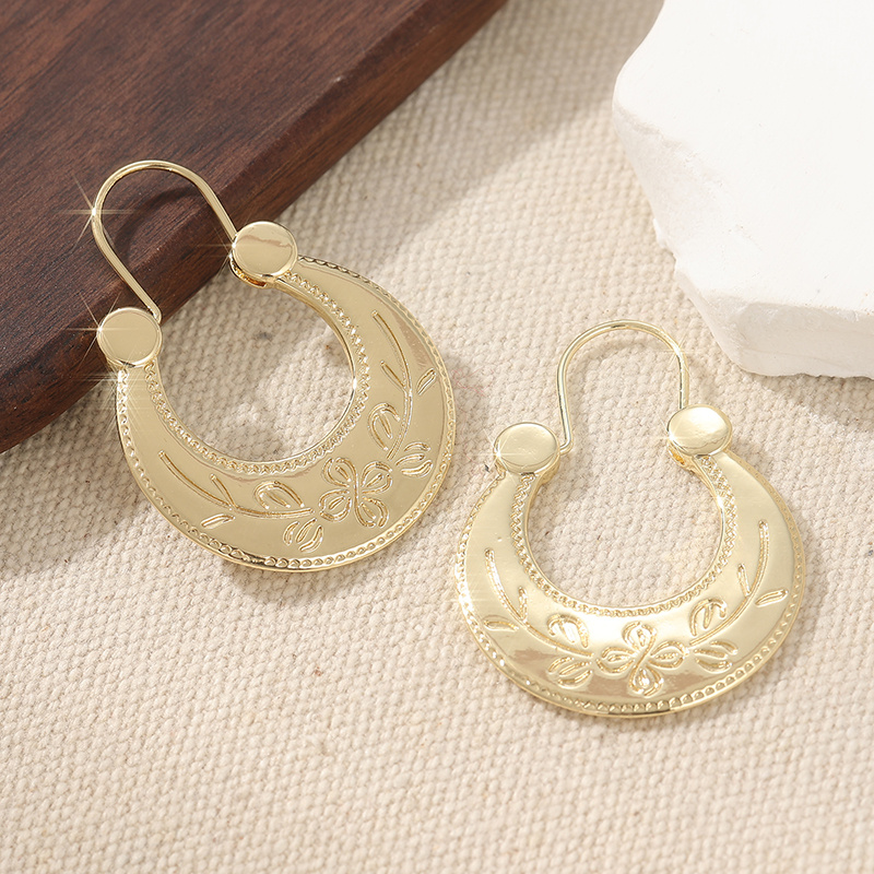 E-shop 1 Paar handgeschnitzte Kupferohrringe für Damen - KC vergoldete große Creolen mit Blatt- Perlenmuster, handgemachter Retro-Boho-Schmuck (ohne