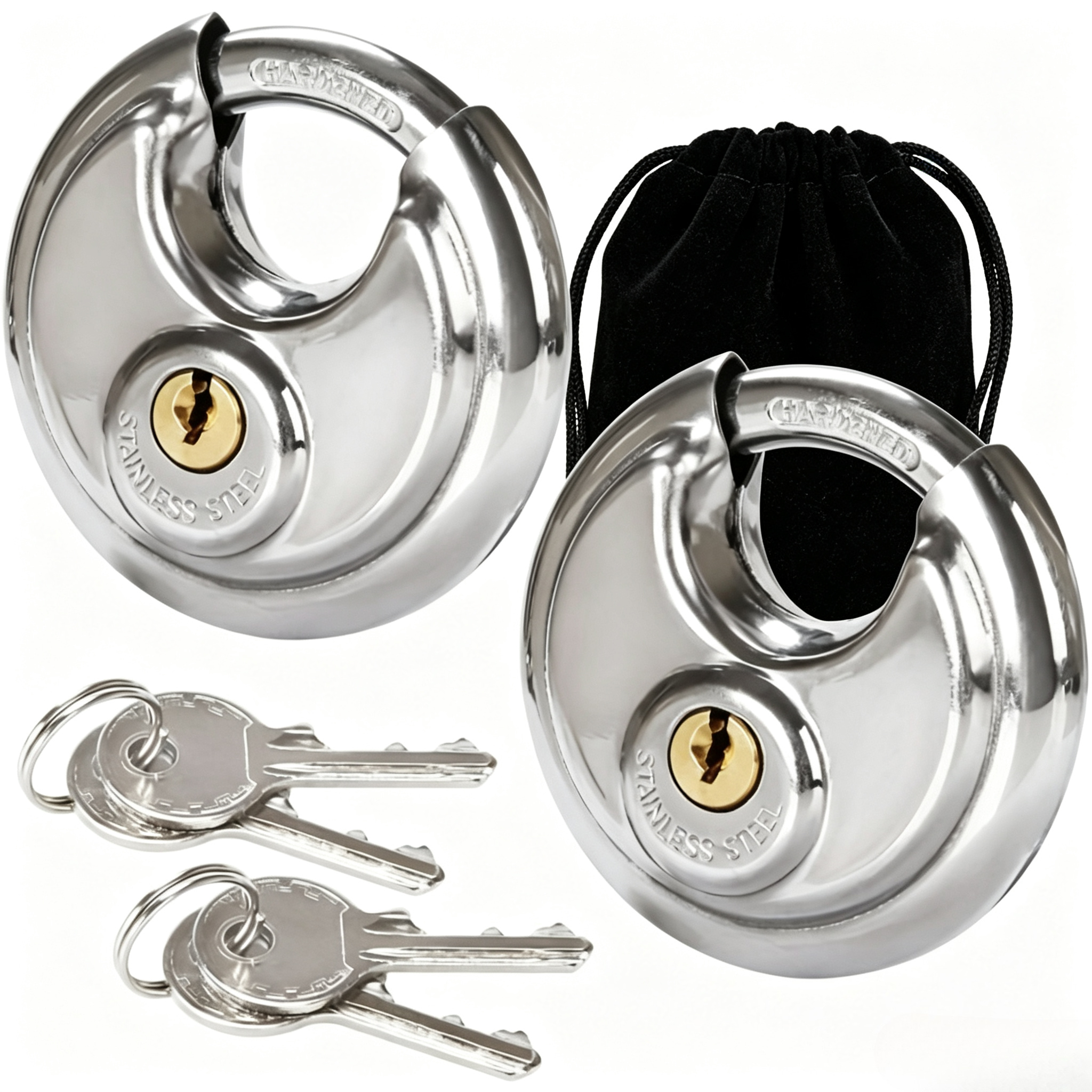 TEMU 2pcs Heavy-duty Stainless Steel Round Padlocks With Keys + Velvet Drawstring Pouches, 60mm Disc Locks, Secure And Durable Locking Solution For