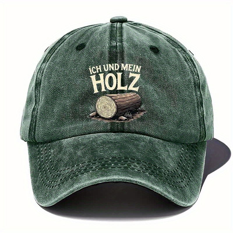 Image of Men's Lightweight Washed Baseball Cap With "ich Und Mein Holz" Embroidery - Black, Brown, Green, Gray Options, Adjustable Snapback, Casual Outdoor Hat For Camping & Daily Wear, Camping Accessories