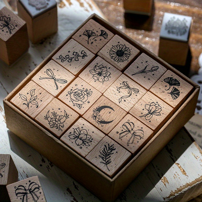 

16pcs/box, Vintage Plant Flower Decorative Stamp, Wooden Rubber Stamp, For Stationery Diy Crafts, Standard Stamp