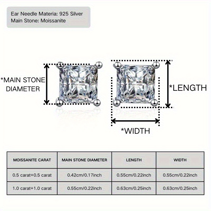 Women's 925 Silver Square Earrings with Princess Cut Design, Elegant Gift