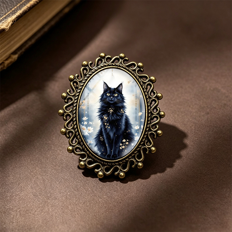TEMU 1 pièce Broche ovale Maine Coon noir avec en verre, broches vintage unisexes, accessoire pour vêtements et sac à dos