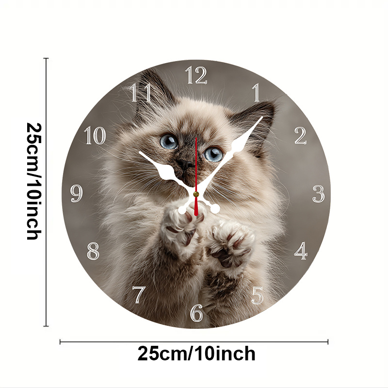 Image of 2d Flat Clock, 1pc Themed Cute Furry Cat Gray, European And American Round Silent Wooden Wall Clock With Reliable Quartz Movement. Batteries Not Included. Ideal Decor For Bedroom, Room And Office