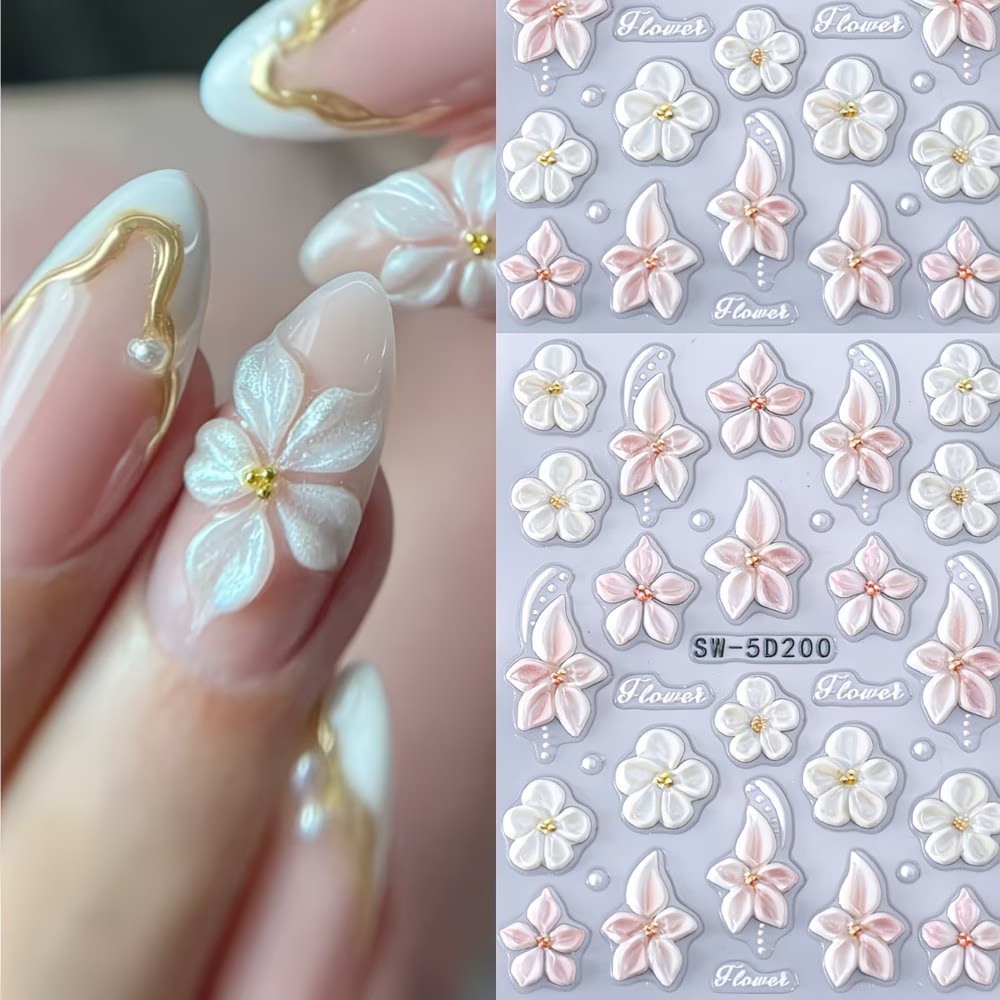 Pink White Hibiscus Lake Pearl Nail Stickers