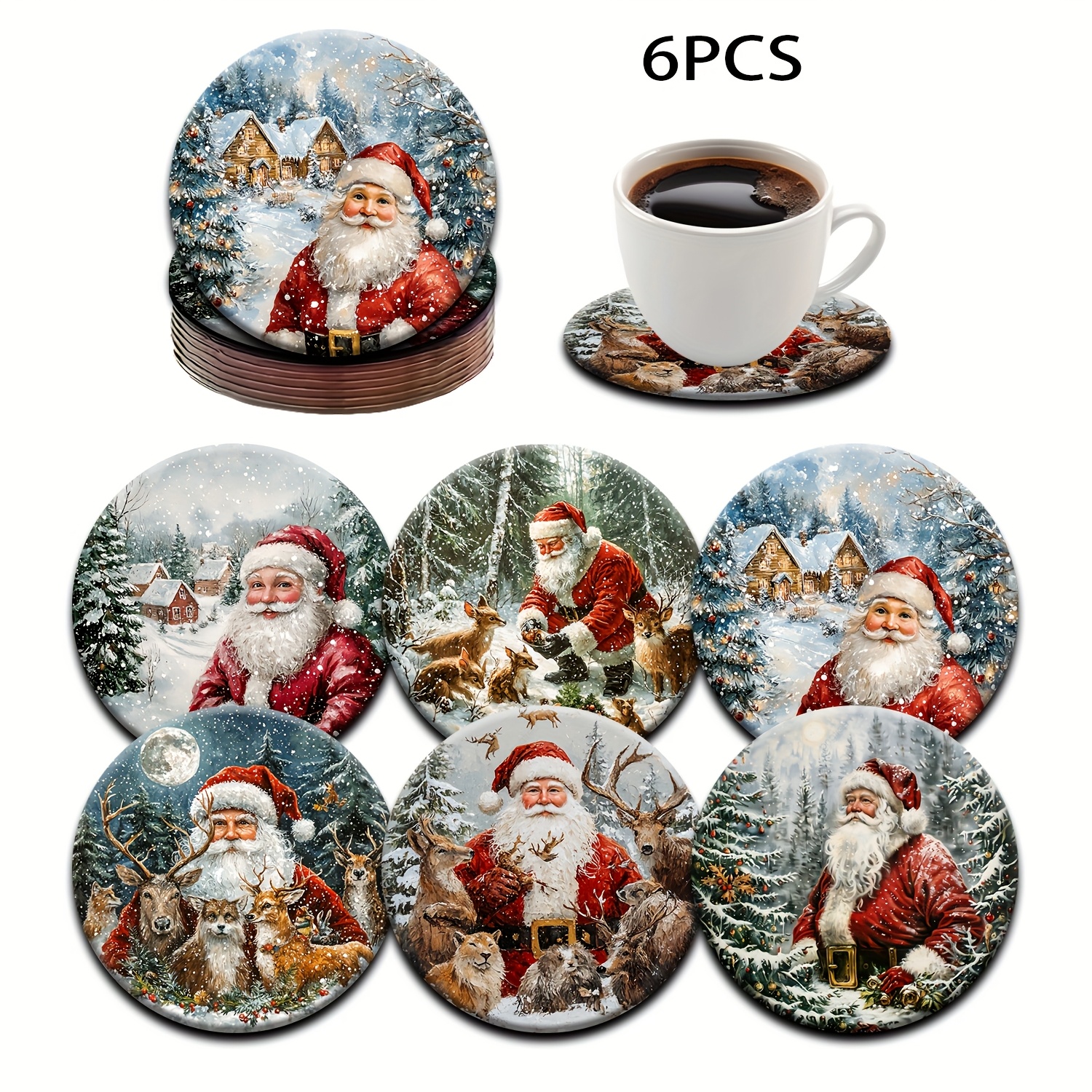 TEMU 6pcs Christmas-themed Round Wooden Coaster Set, An Ideal Gift For Family Gatherings, A Versatile Heat-resistant And Non-slip Mat, The Gift For