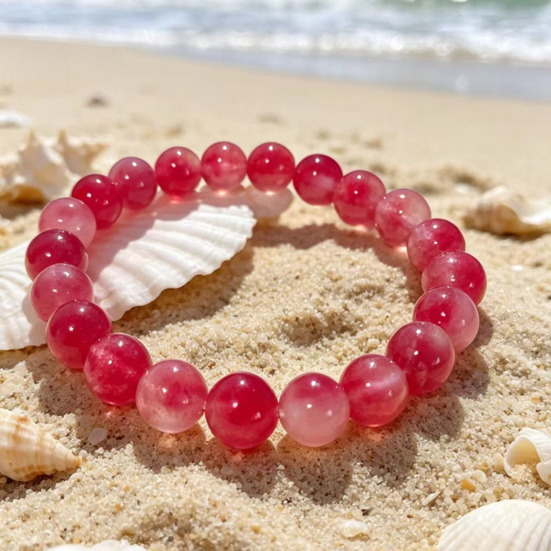 Ice Pink Strawberry Quartz Beaded Bracelet, Floral Inclusion