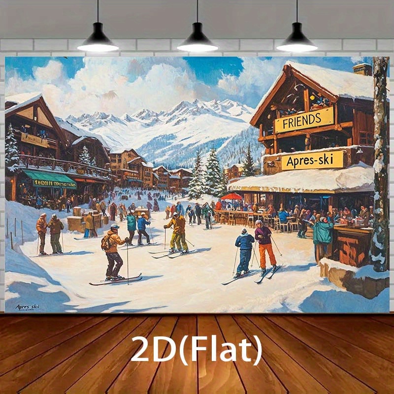 TEMU 2d Flat, 1pc 2d Winter Ski Resort Scenery Backdrop: Cozy Chalet Village With Snowy Mountains, People Skiing And AprÃ¨s-ski Activities - Perfect