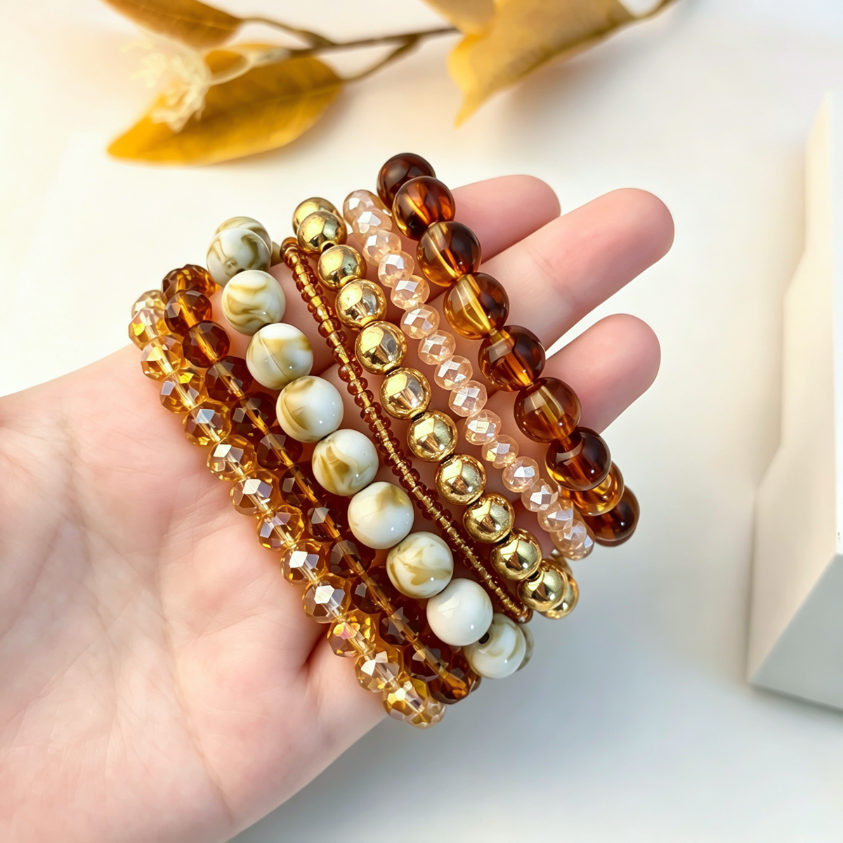 7pc Retro Caramel Color Beaded Bracelet Set