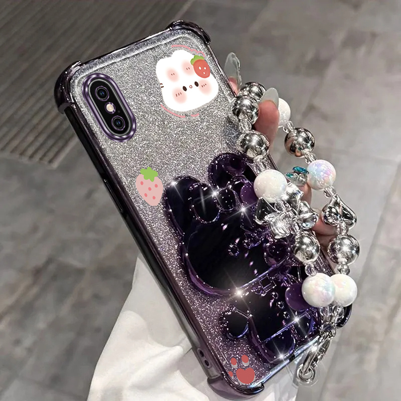 TEMU Phone Case: Pearl Wrist Strap Glitter Magnetic Cute Rabbit Phone Holder Case For Iphone Xs Max Iphonexsmax Anti-knock Shock Proof Stand Back