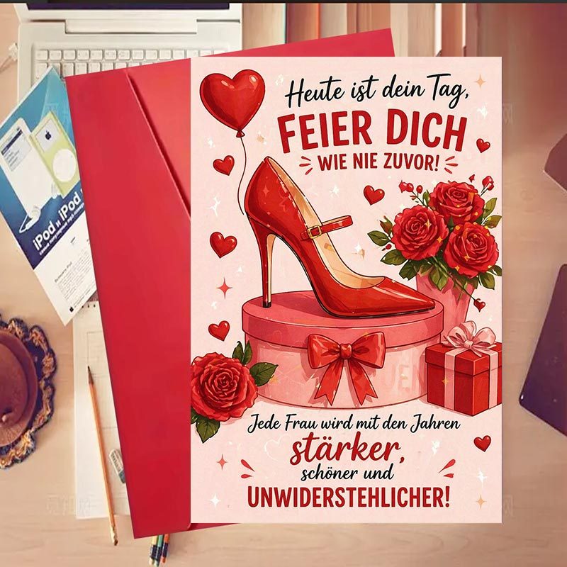 TEMU 1 Set Grußkarte für weibliche Freunde zum Feiern persönlicher Erfolge oder besonderer mit rotem High-Heel-Rosen- und Geschenkbox-Design