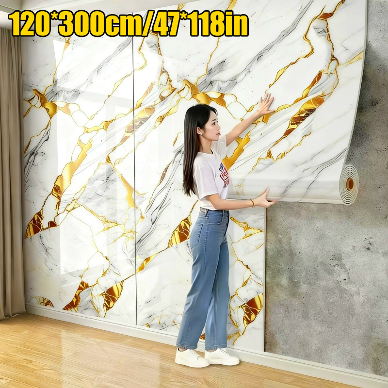 TEMU 1roll 47x118inch Oversized3d Marble Self-adhesive Thickening Waterproof And Oil Proof Wallpaper 3d Wall Sticker High Temperature Resistant And