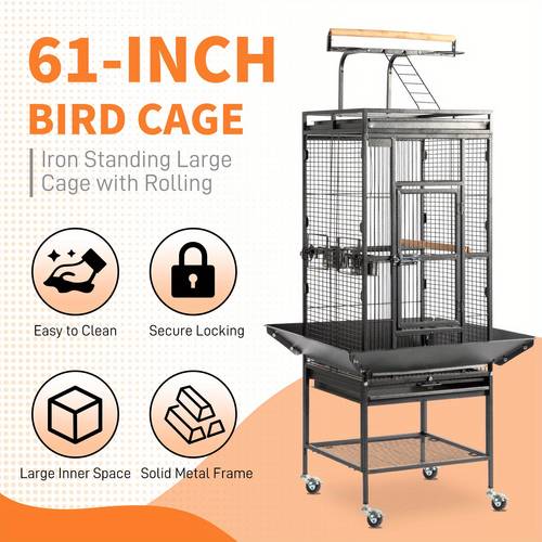 53 inch vertical structure with wheels 65 inch vertical structure with brake wheels top bird staircase black iron birdcage
