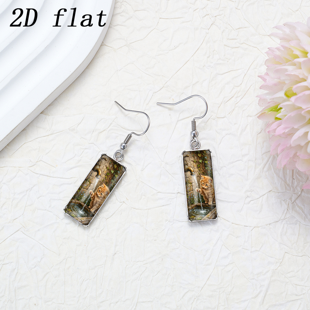Orange Cat Water Fountain Pattern Rectangular Earrings