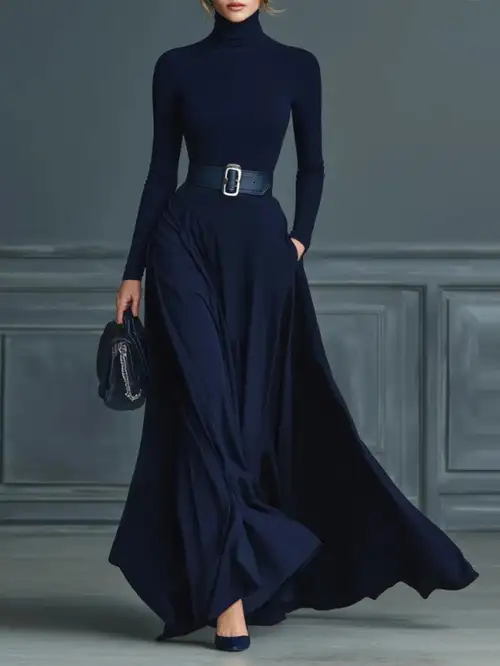 Plus Size - * * Plus Size Curvy Women Dress Elegant Navy Blue High-Waist Maxi Dress, Turtleneck Long Sleeve * Fit Gown * Office, Wedding Guest & Evening Parties Plus Size - * * Plus Size Curvy Women Dress Elegant Navy Blue High-Waist Maxi Dress, Turtleneck Long Sleeve * Fit Gown * Office, Wedding Guest & Evening Parties