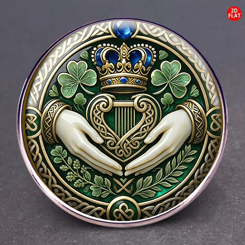 TEMU 2d Flat, 1pc, 2d Irish Heart Brooch For Men Women Green Enamel Golden Plated Shamrock Crown Badge Fashion, 2d Flat