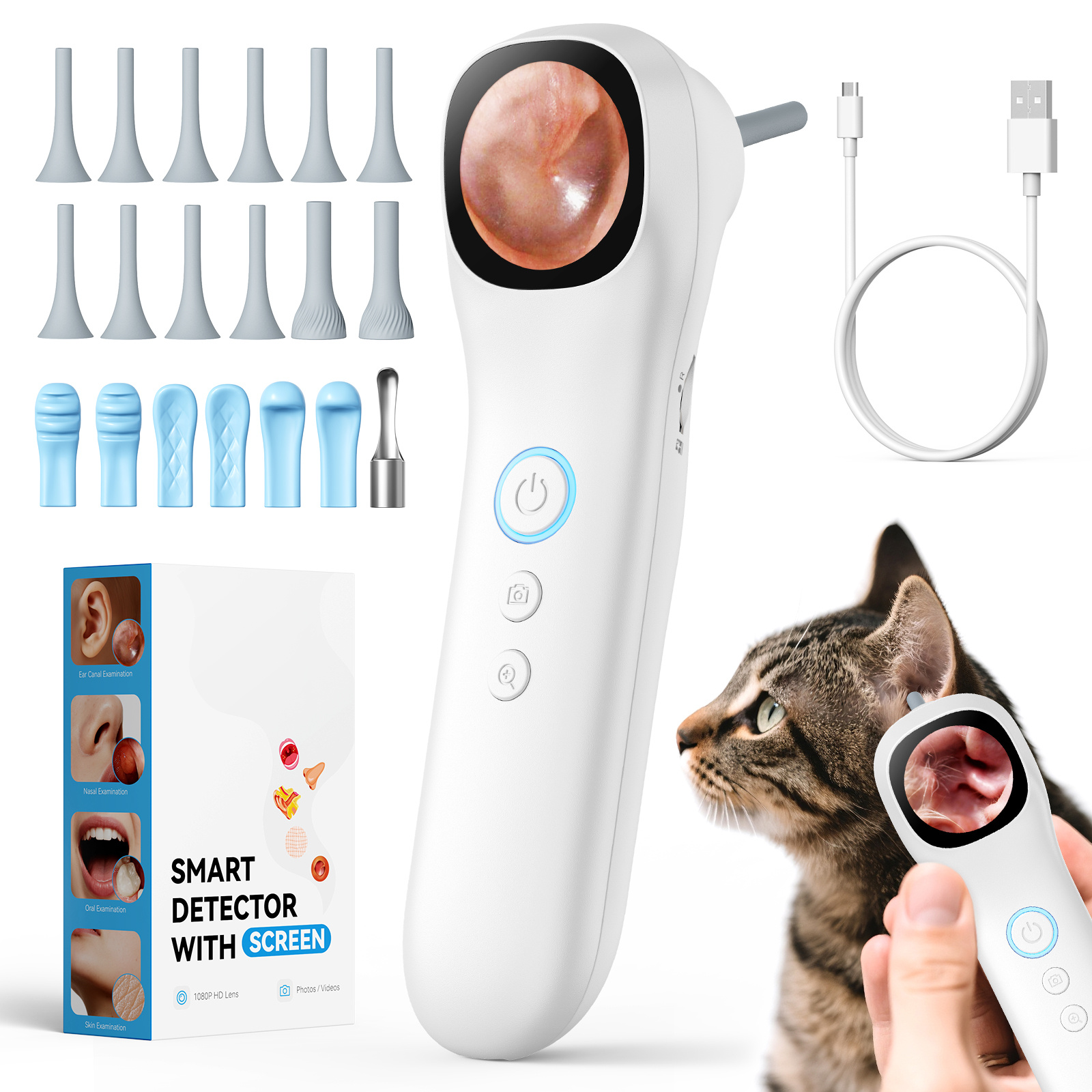 4-in-1 Detector With Screen, And Nose , Rechargeable, Earwax Removal Tool For Ears, Nose, Skin, Hair, Mouth And Pets, Including 12 Accessories