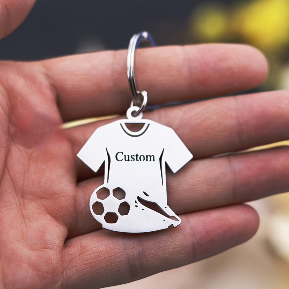 TEMU Custom Chainless Soccer Keychain - Golden Stainless Steel With Laser-engraved Name And Jersey Design, Durable Men's Ring For Keys. For Sports