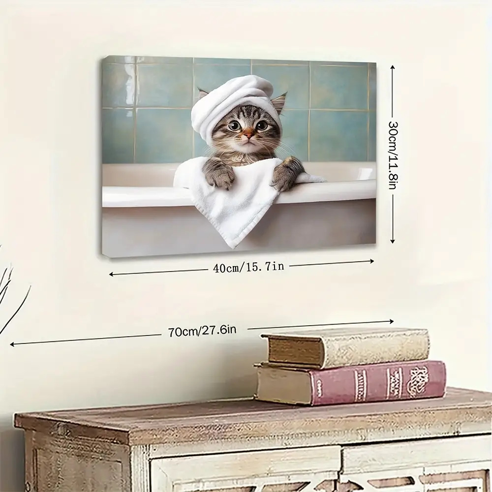 TEMU 2d Flat, [ideal Gift] 2d Flat, 1pc Cat In Bathtub Canvas Art With Wooden Frame - 40x30cm, Vintage Style Wall Decor, Featuring A Cute Cat Wrapped