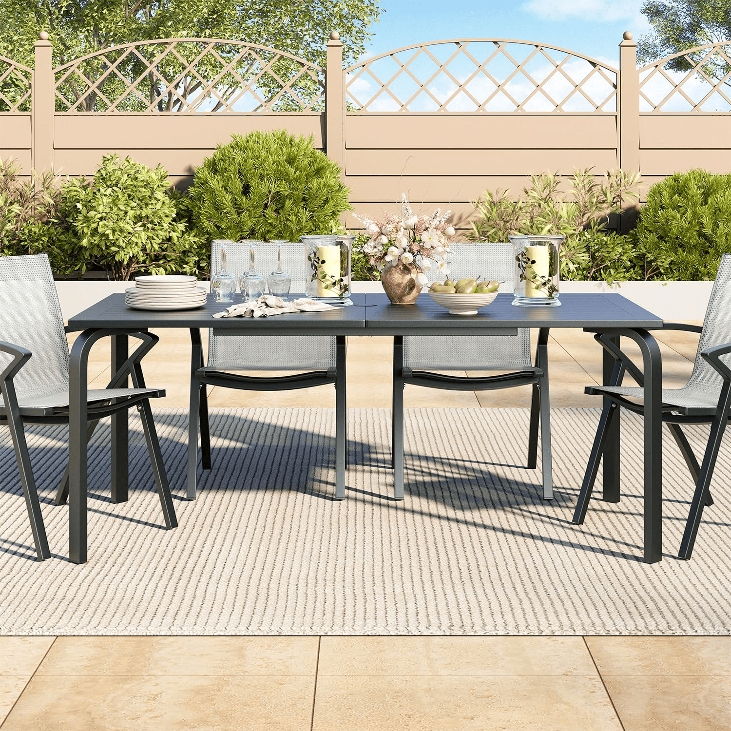 71-Inch Rectangular Aluminum Outdoor Dining Table Designed for Patios, Featuring an Umbrella Hole, Resistant to Weather And Rust, Accommodating 6 to 8 Individuals for Backyard And Deck Use