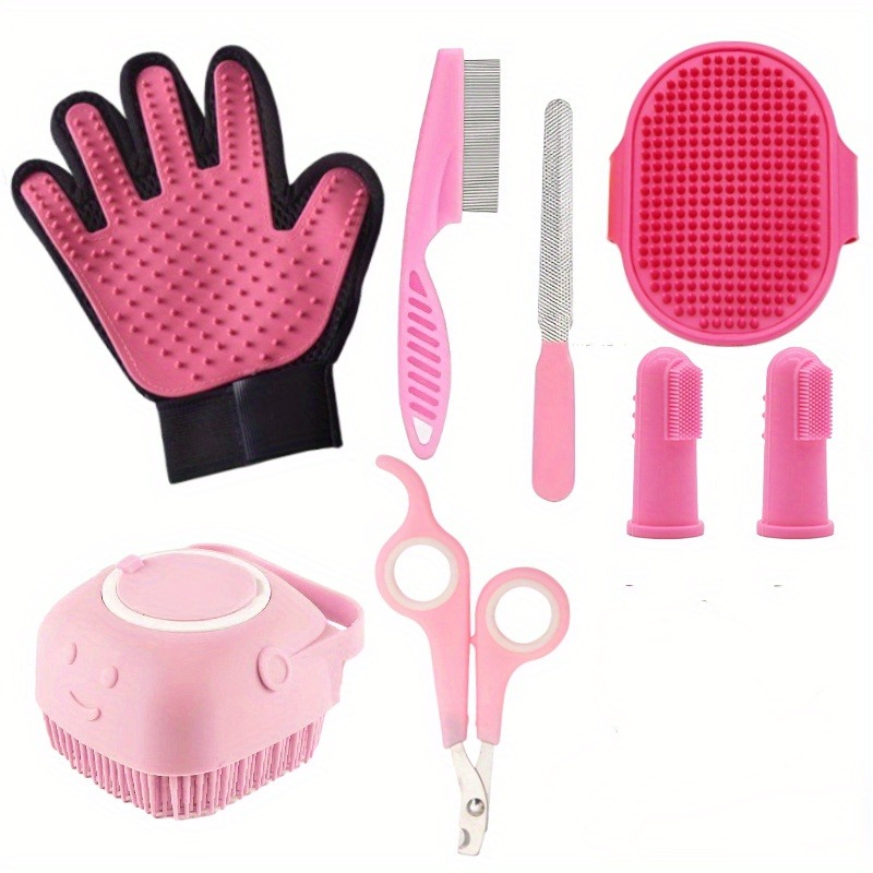 8pcs Pink pet grooming dog hair removal comb flea comb shampoo brush pet nail clippers toothbrush cat universal care tools