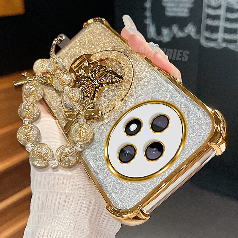 TEMU Phone Case: Reno 12fs 5g Luxury Glitter Bracket Folding Holder With Bead Lanyard Wrist Strap Chain And Gradient Plating Phone Case For Oppo Reno