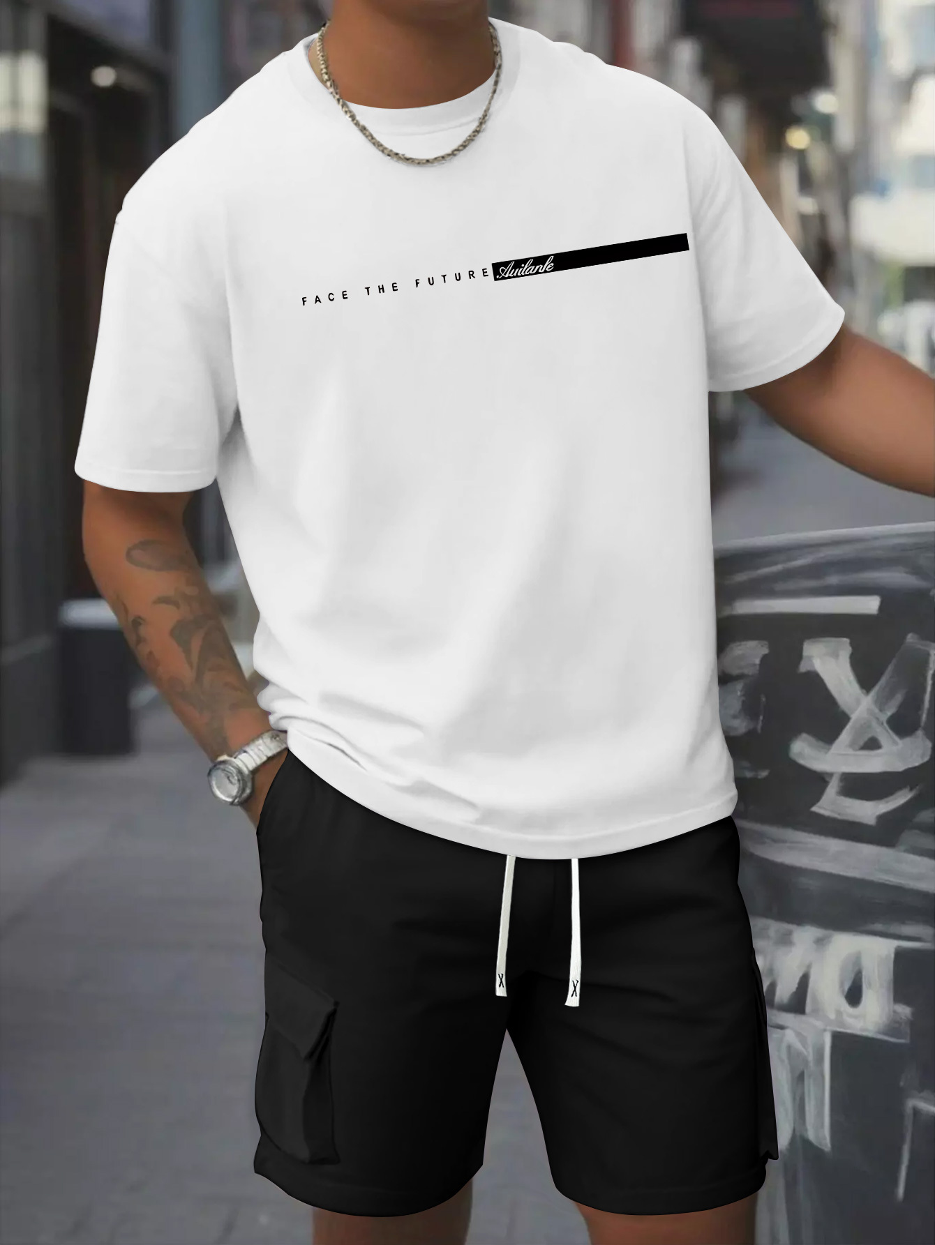 Print Men'S 2pcs Set, Round Neck Pure Cotton T-Shirt Short Sleeve T-shirt and Work Shorts Set, Suitable for Spring and Summer Exercises