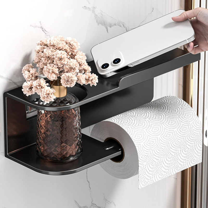 Black Wall-mounted Toilet Paper Holder With Adhesive, No Drilling Required For Bathroom Tissue Rolls