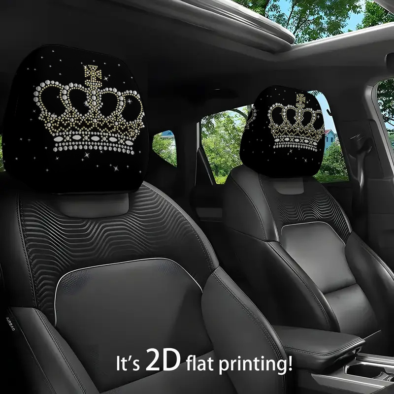 TEMU 2pcs Diamond Crown And Car Headrest Covers | 2d Flat Elastic Polyester Washable | Neck Fatigue | Universal Fit For Long Trips And Daily | Fun Car Interior Protector