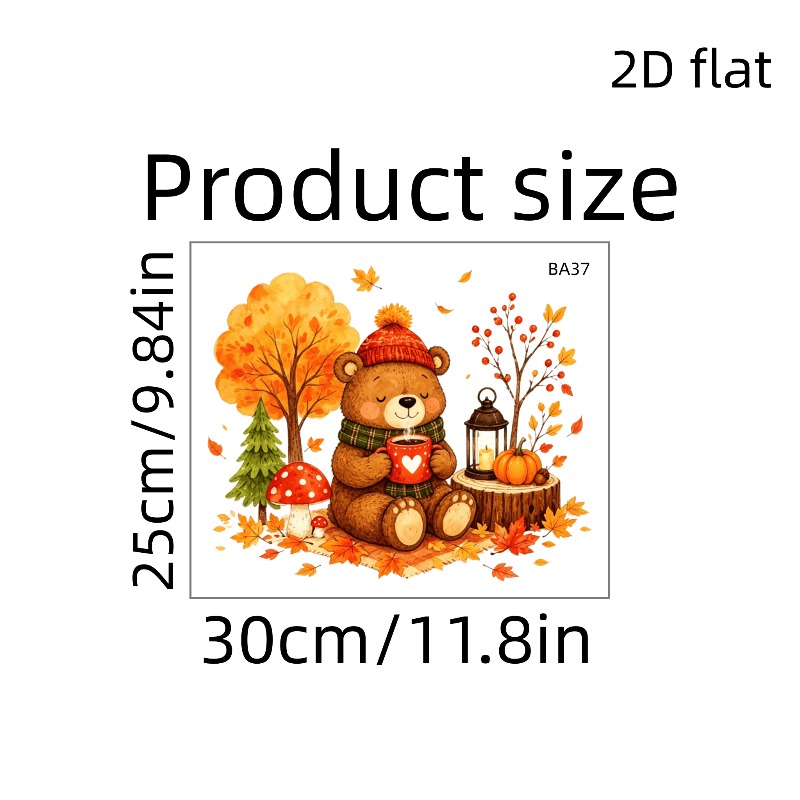 TEMU Windows Sticker 1pc Autumn Forest And Bear Window Decal, Illustration Style Window Sticker Decoration, Pumpkin Mushroom Pine Tree Lantern Berry