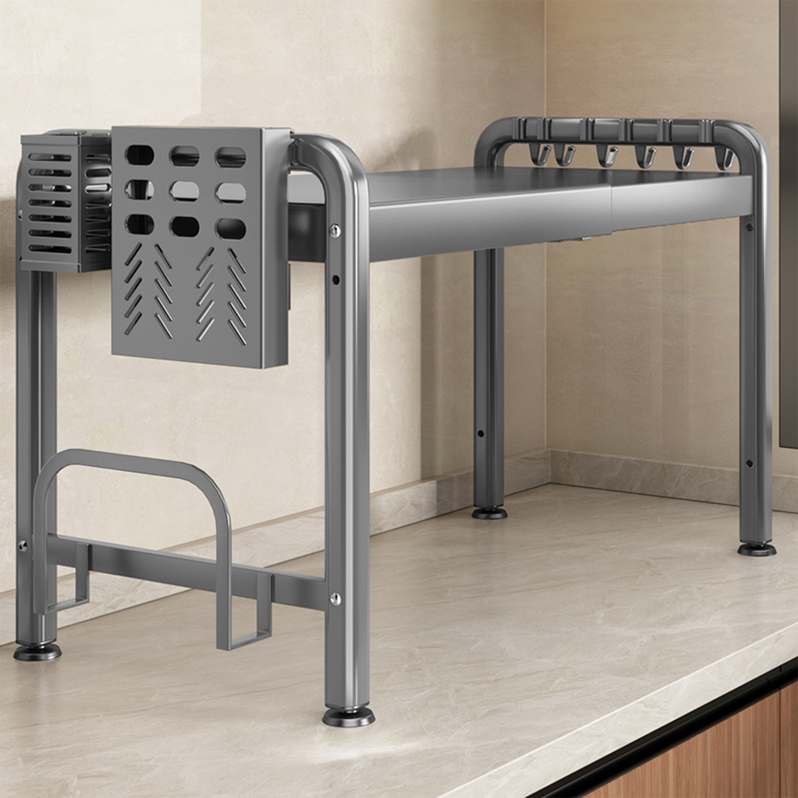 TEMU Extendable Microwave Oven Rack Kitchen Countertop Organizer With Cutting Board Holder And 6 Hooks Gunmetal Gray