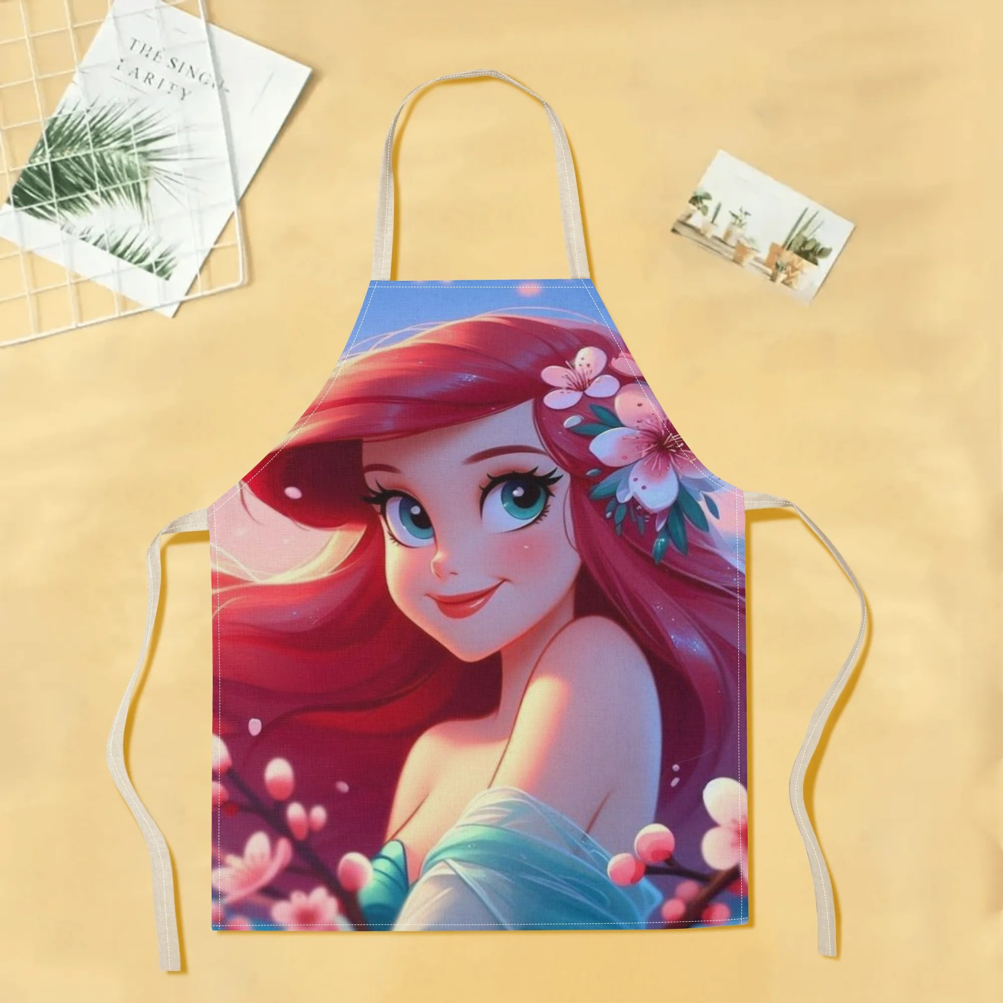 1pc disney   princess cartoon printed apron, waterproof polyester woven fabric with floral pattern, stylish and elegant for home, hotel, supermarket, restaurant,  , milk tea stand use details 1