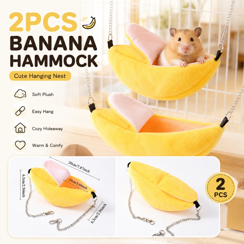 TEMU 2pcss Banana-shaped Hamster Hammock 2pcs Set, Creative Small Pet Hanging Nest Soft Plush Bed, Durable Removable And Washable Pet Bed,