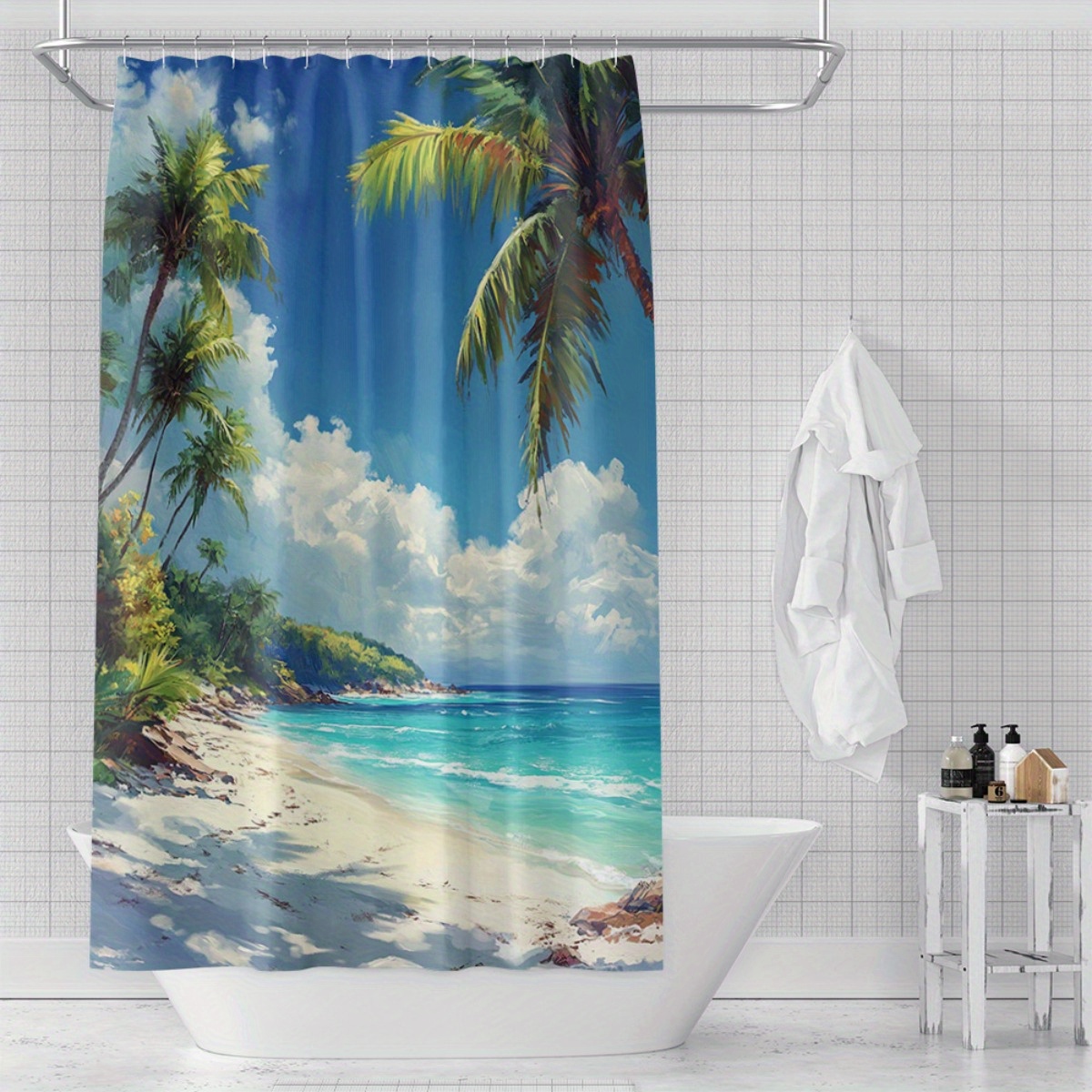 4pcs Beach Under the Sunlight Shower Curtain Set with Hooks