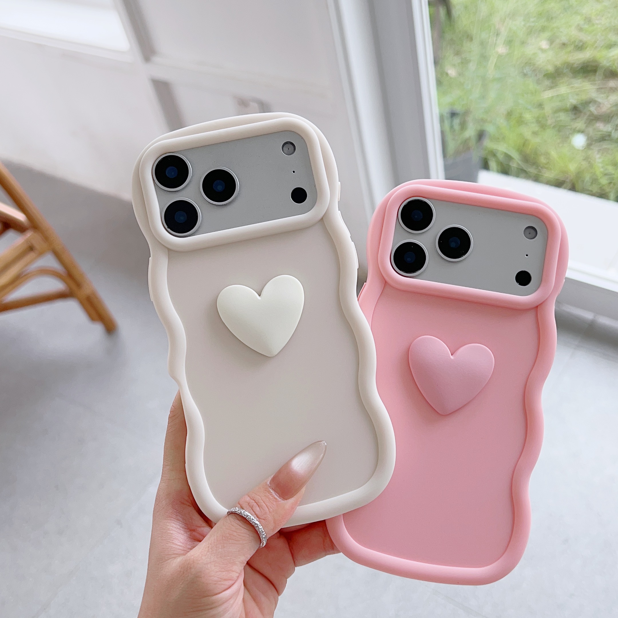 TEMU Phone Case - 2-pack Macaron Wavy 3d Case With 2pcs 3d Love And 2pcs Protective Cases, Christmas Gift, Birthday Gift, Compatible With Iphone 18