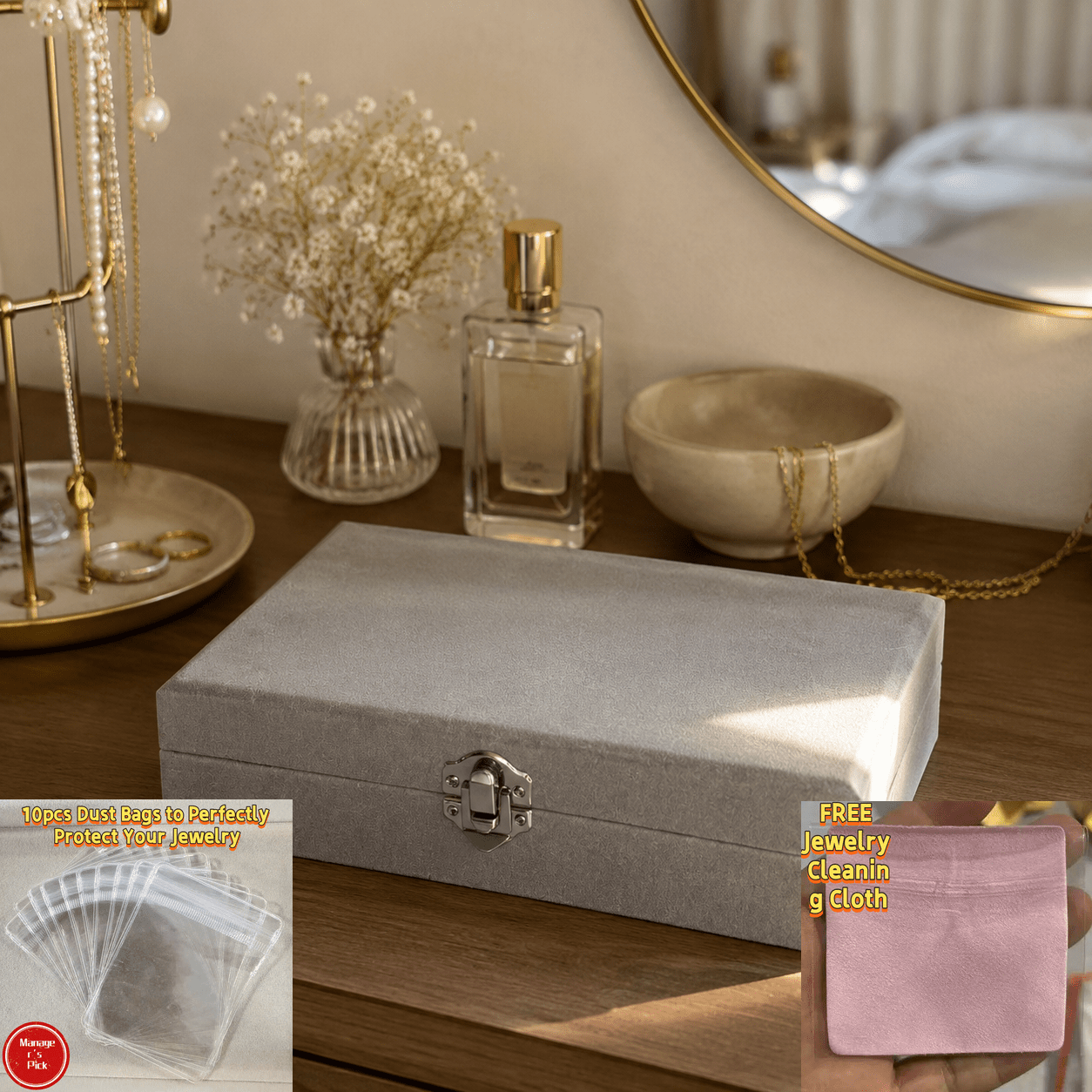 Light Gray Velvet Flip-Top Jewelry Box, Multi-Compartment