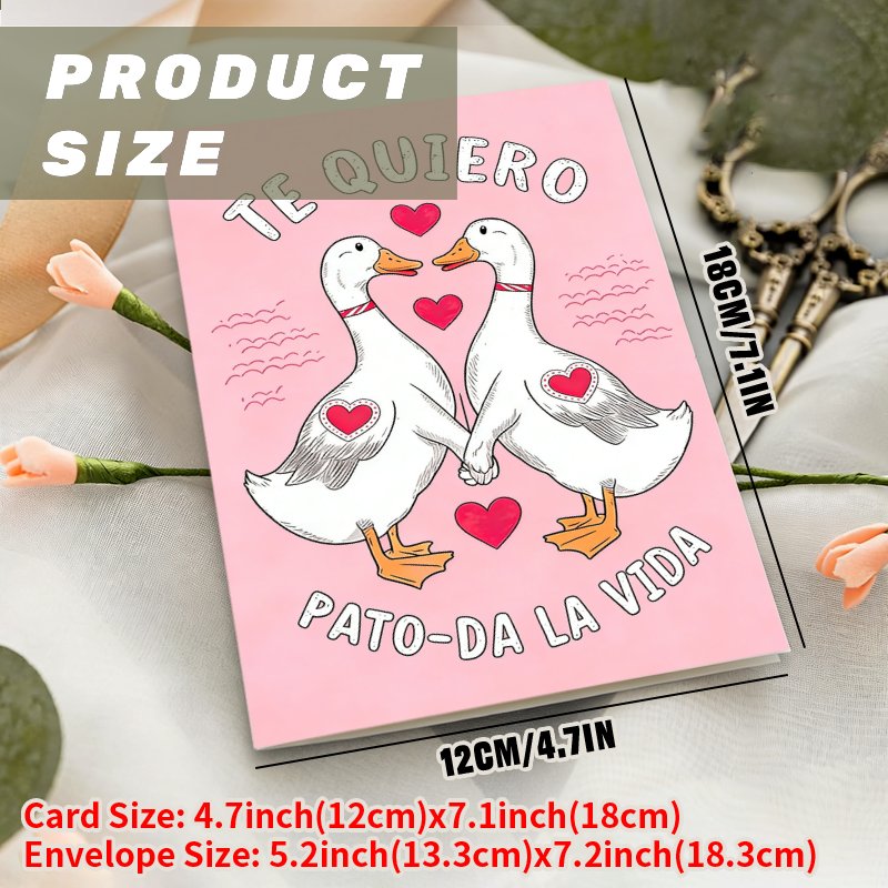 TEMU 1pc Spanish 's Day Greeting Card With Envelope, 2d Flat High - Quality Paper, "" Ducks & Hearts Design, For Boyfriend Girlfriend Wife Husband
