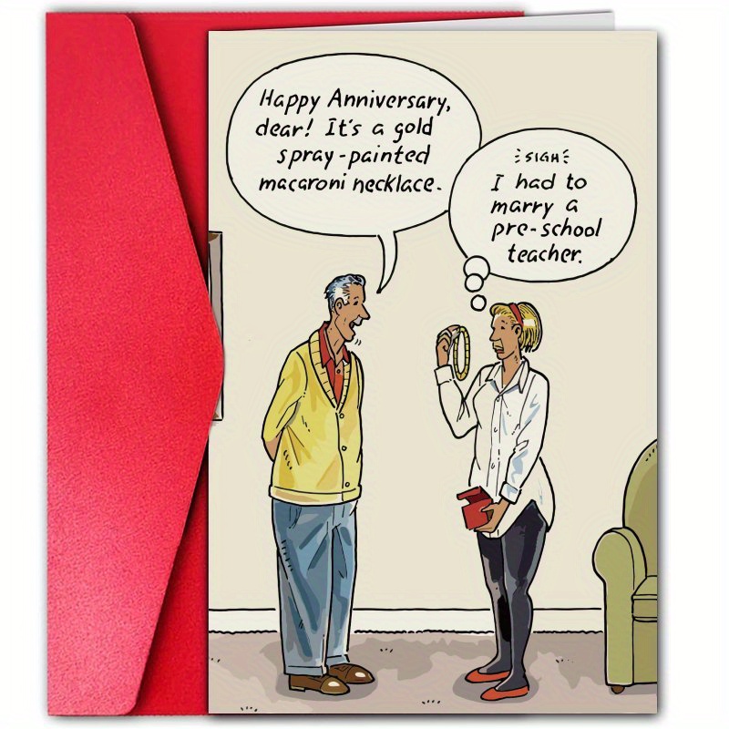 1pc funny anniversary card with cartoon illustrations humorous golden painted necklace joke for husband wife mixed white red color options wedding romantic milestone gift for couples   anniversary gifts   design vibrant envelope 0